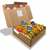 GRUB Singapore box of 24 assorted mini burgers, including cheeseburger, maple bacon, salted egg chicken, and har cheong gai chicken.