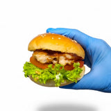 GRUB Singapore box of 24 assorted mini burgers with sesame seed buns, lettuce, tomato, and grilled chicken or beef patties.