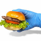 GRUB Singapore blue gloved hand holding a mini cheeseburger with lettuce and tomato