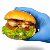GRUB Singapore blue gloved hand holding a chicken burger slider with lettuce, tomato, and sauce.