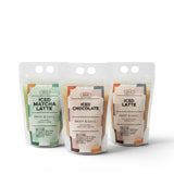 GRUB Singapore Iced Coffee and Chocolate Drinks pouches: Iced Matcha Latte, Iced Chocolate, and Iced Latte.