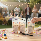 GRUB Singapore Iced Chocolate, Iced Latte, and Iced Matcha Latte drinks in pouches on a table with confetti and people in the background.