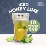 GRUB Singapore Iced Honey Lime drink in a clear pouch with lime slices and mint leaves, 10 packets for $48.