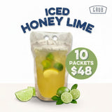 GRUB Singapore Iced Honey Lime drink in a clear pouch with ice, lemon, and lime slices. 10 packets for $48.