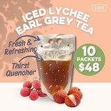 GRUB Singapore Iced Lychee Earl Grey Tea in a clear pouch with lychees, 10 packets for $48.