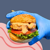 GRUB Singapore mini mentaiko chicken burger slider with lettuce, tomato, and sauce